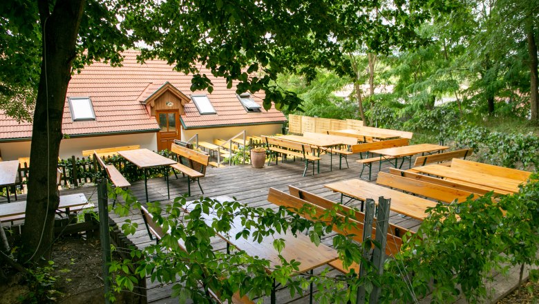 Winzerhof Küssler, © Winzerhof Küssler Ein leerer Biergarten mit Holzbänken und Tischen, umgeben von Bäumen und einem Gebäude mit rotem Dach im Hintergrund.