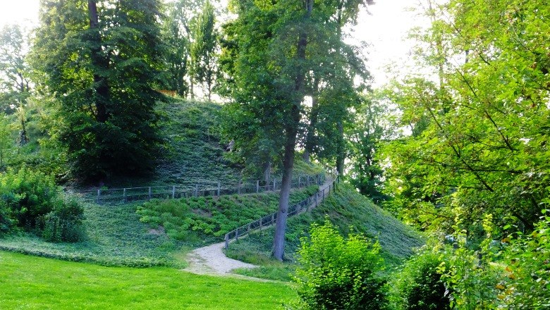 A green hill with a path and railings, surrounded by trees.